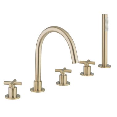 Crosswater MPRO 5 Hole Bath Mixer Tap & Shower Handset with Crosshead Handles - Brushed Brass
