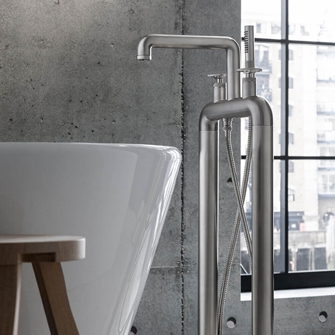 Crosswater Union Floorstanding Bath Shower Mixer Tap with Wheels - Brushed Nickel