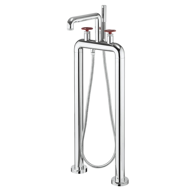 Crosswater Union Floorstanding Bath Shower Mixer Tap with Red Wheels - Chrome
