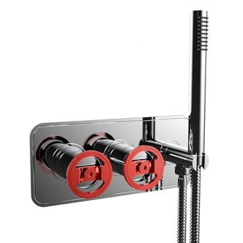 Crosswater Union 2 Outlet Concealed Thermostatic Bath Shower Valve with Red Wheels & Shower Handset - Chrome