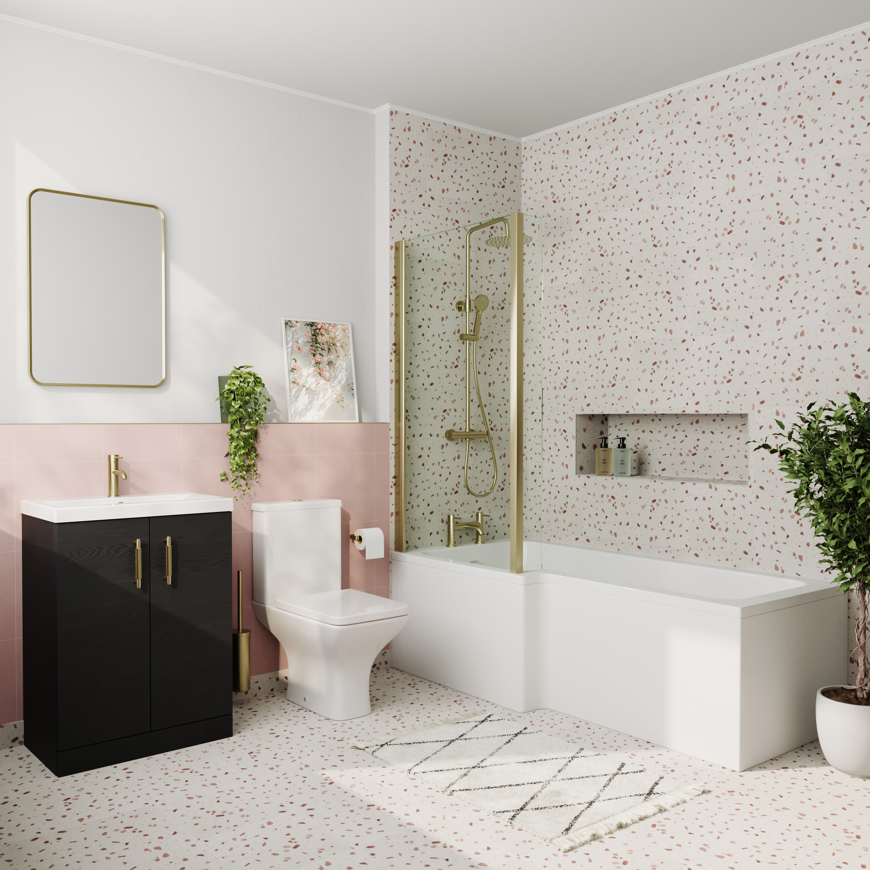 Erin Brushed Brass Shower Bath Suite with 1700mm L Shaped Bath & Rimless Toilet