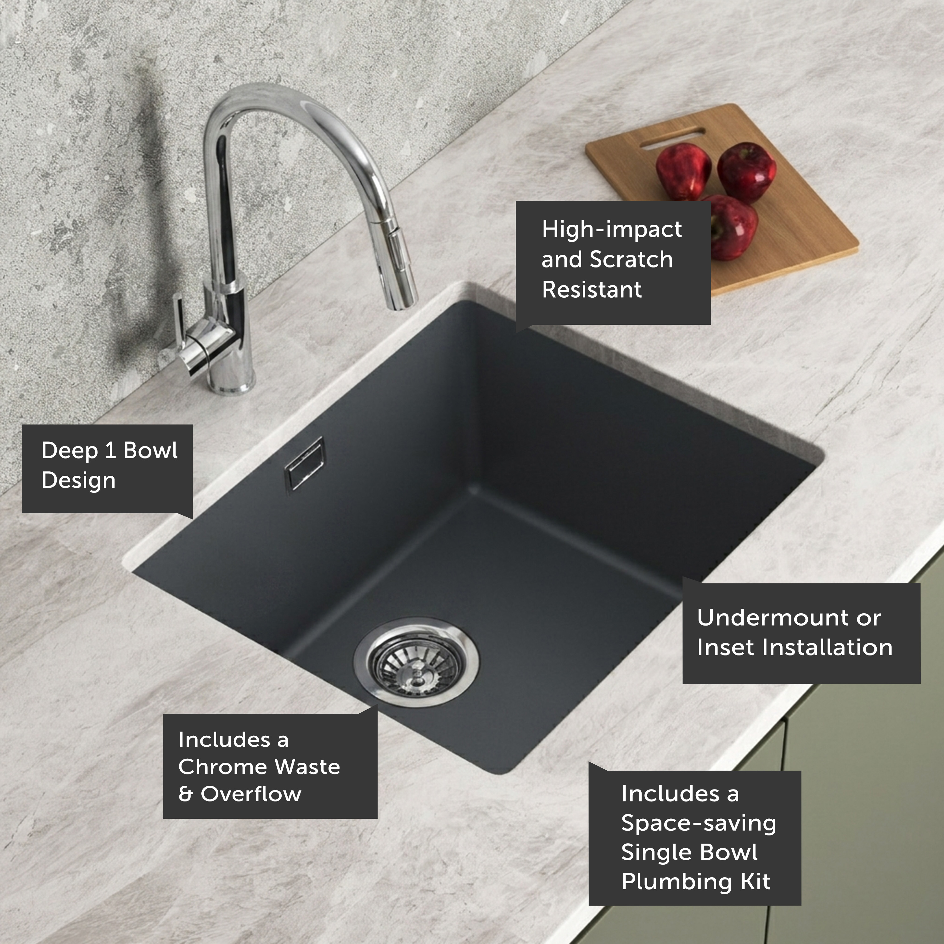 Vellamo Terra 1 Bowl Granite Composite Inset / Undermount Kitchen Sink & Waste - 533 x 457mm