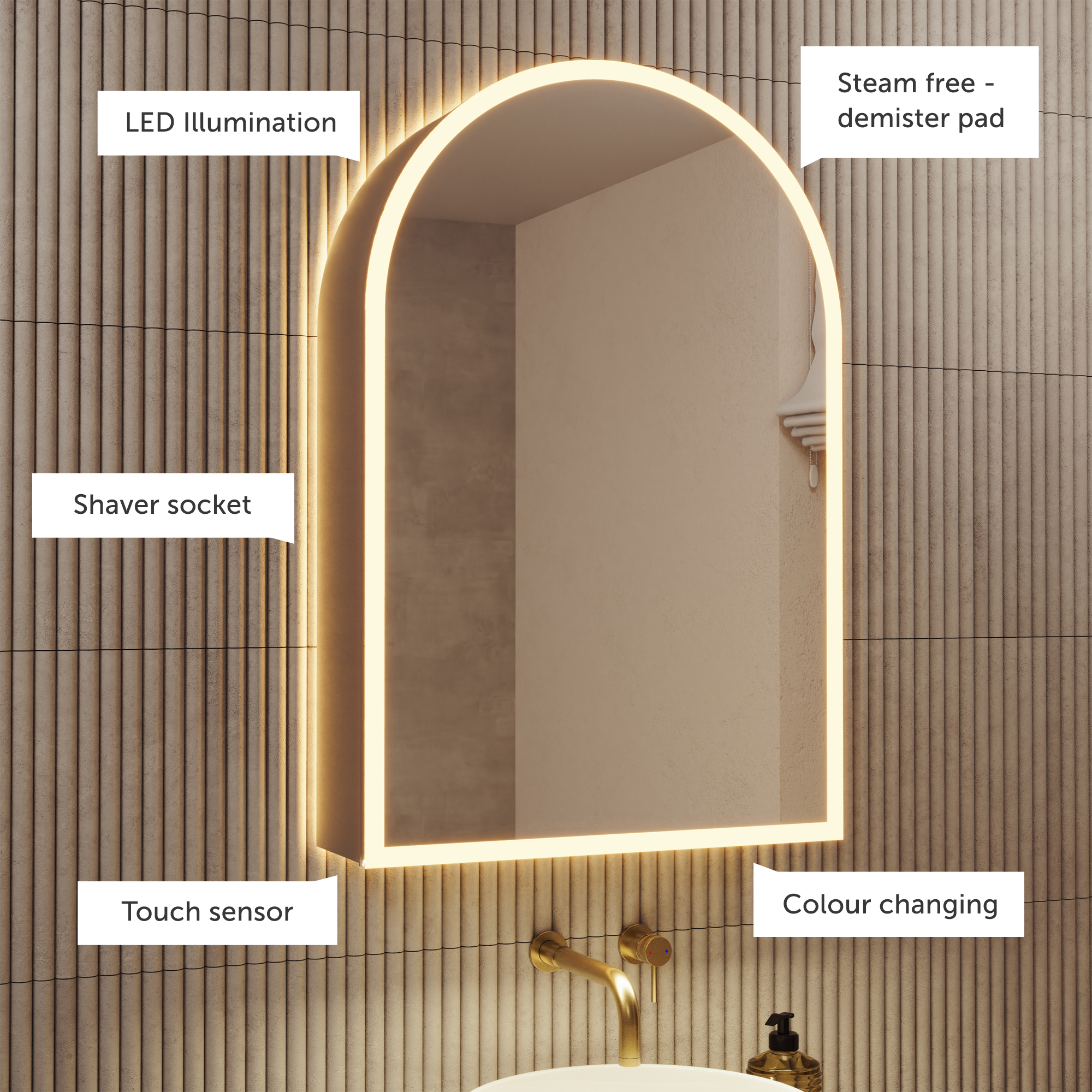 Harper LED Arch Mirrored Cabinet with Demister Pad, Shaver Socket & Colour Change Lights - 500 x 750mm