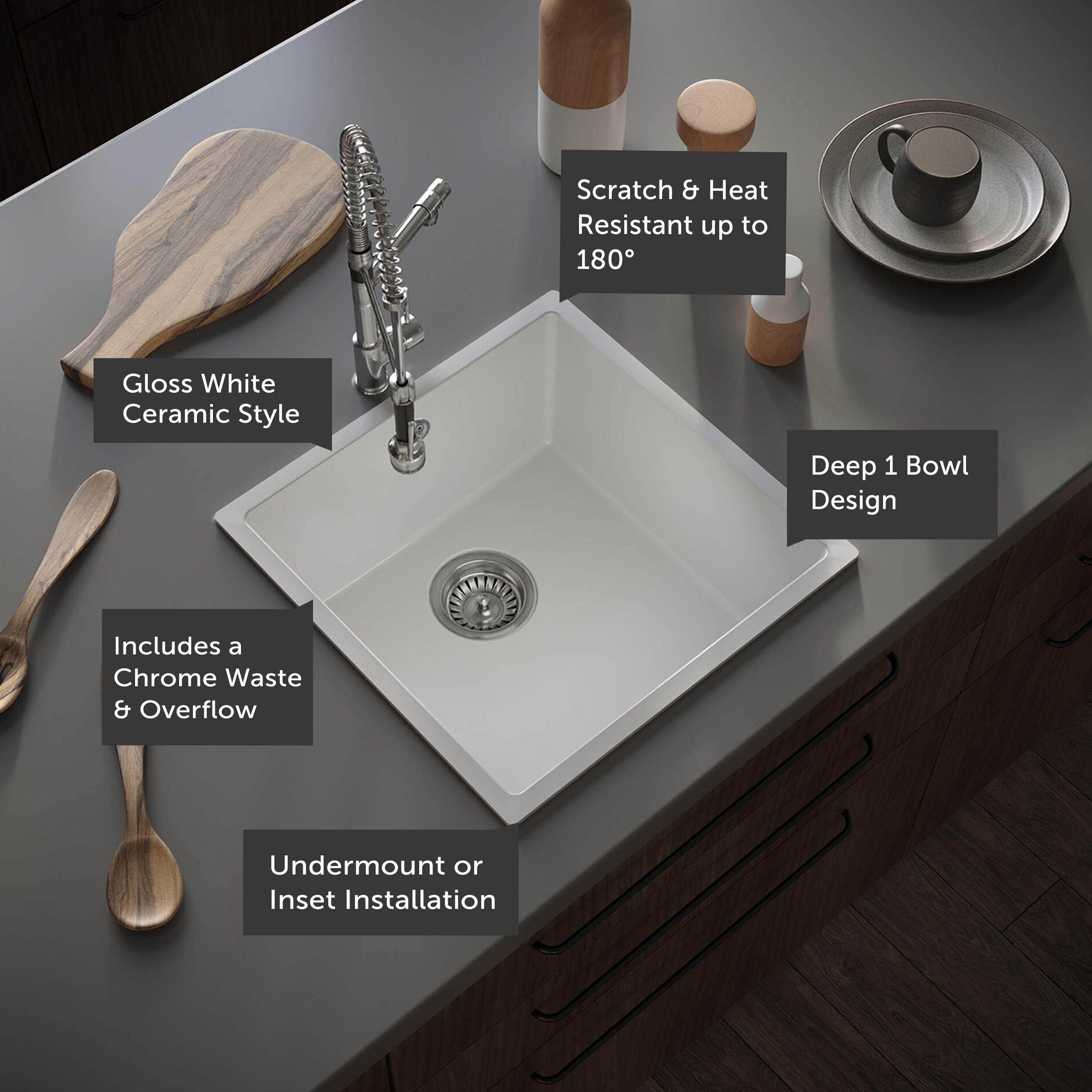Vellamo Ceramic-Style Gloss White Composite Inset / Undermount 1 Bowl Kitchen Sink & Waste - 440 x 440mm