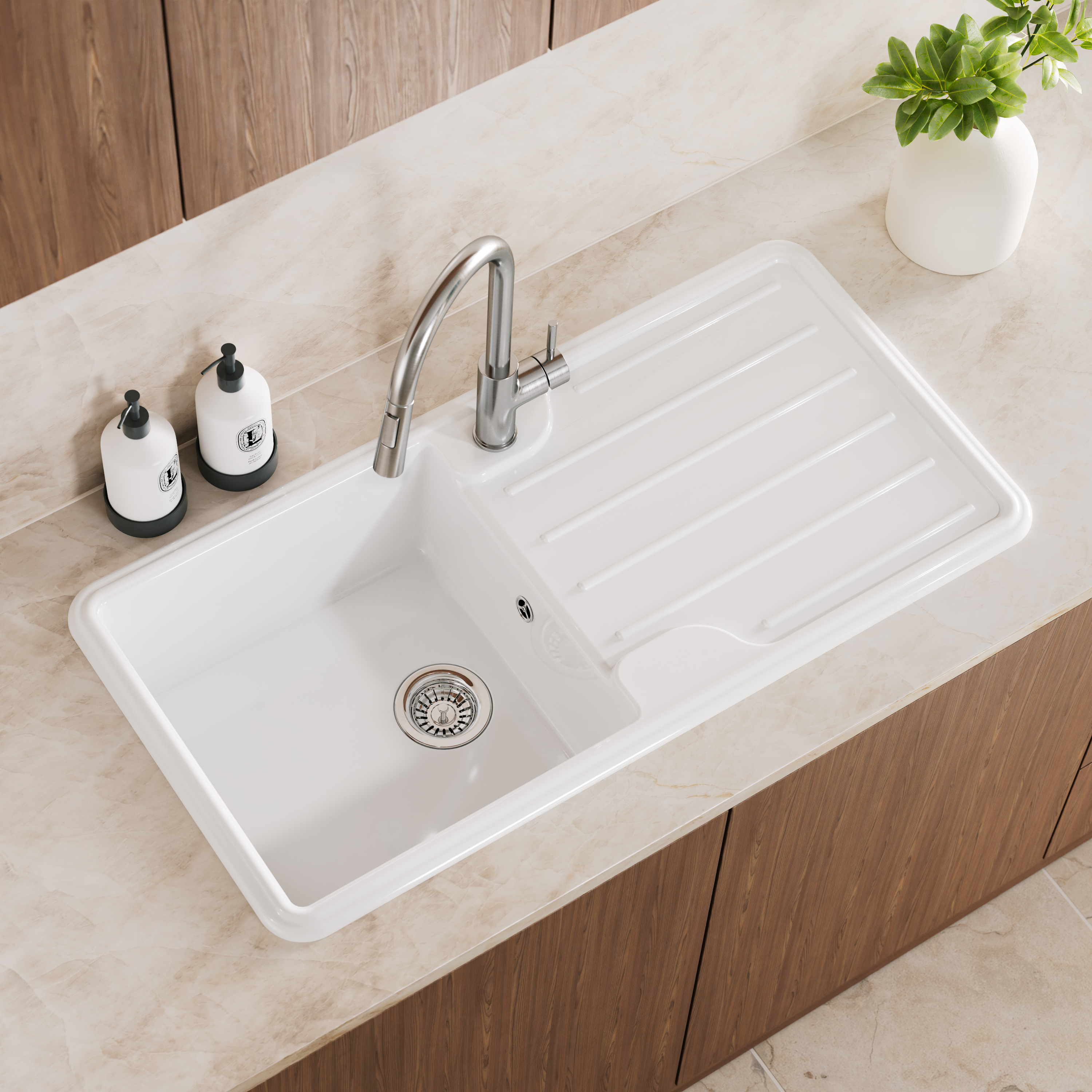 Vellamo Designer 1 Bowl Gloss White Traditional Comite Composite Inset Sink & Basket Strainer Waste - 1000 x 500mm