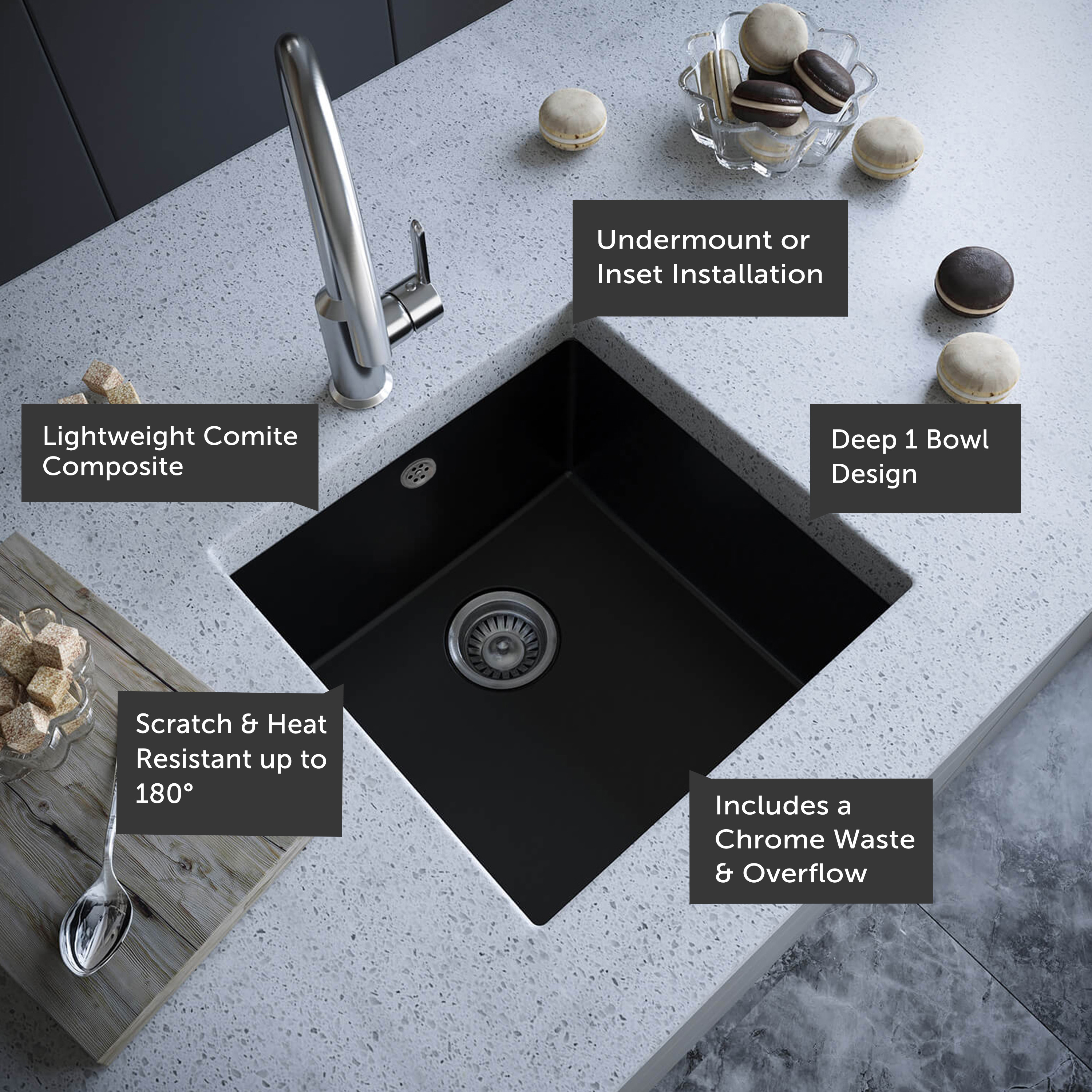 Vellamo Designer 1 Bowl Comite Composite Inset/Undermount Kitchen Sink & Waste - 440 x 440mm