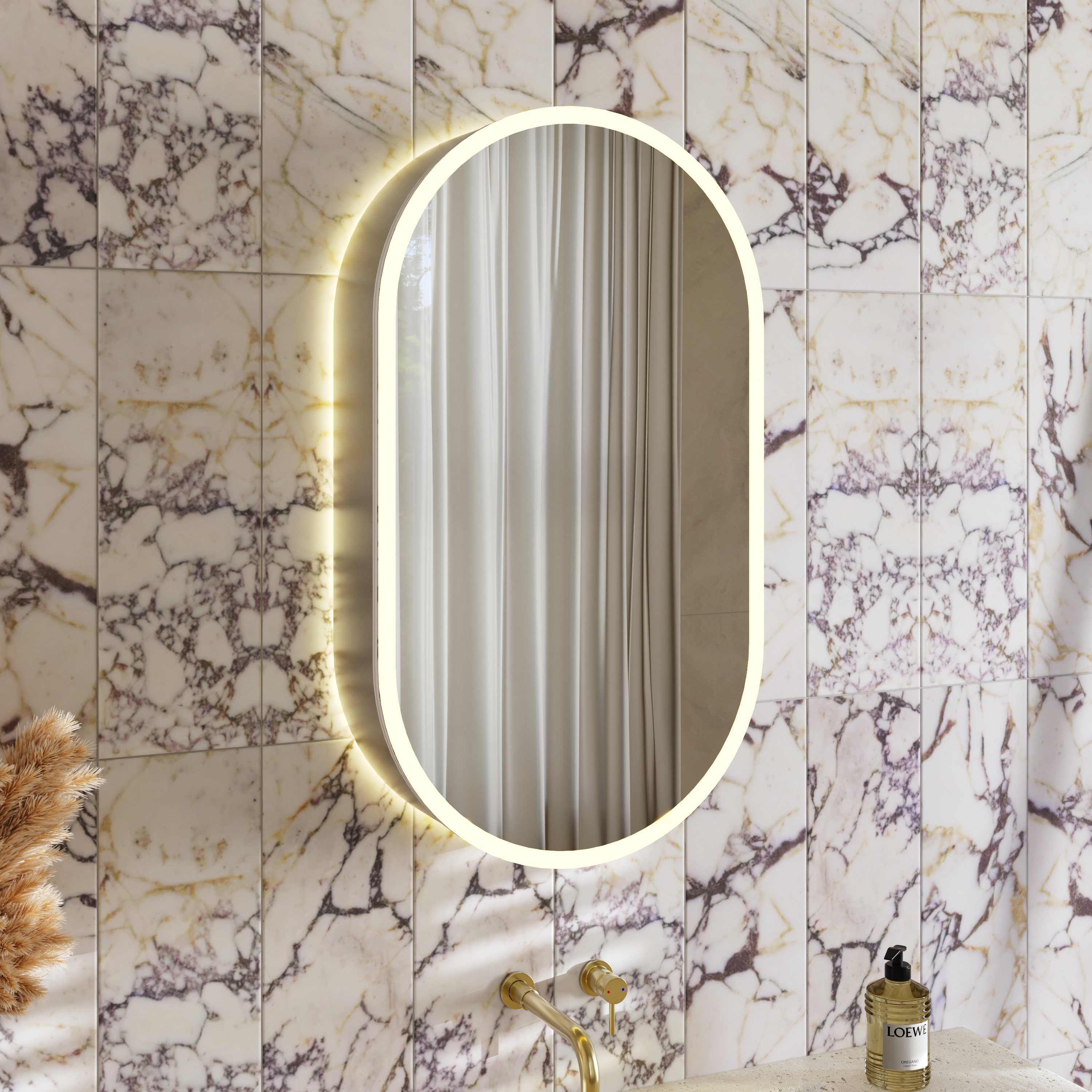 Billy LED Oval Mirrored Cabinet with Demister Pad, Shaver Socket & Colour Change Lights - 450 x 800mm