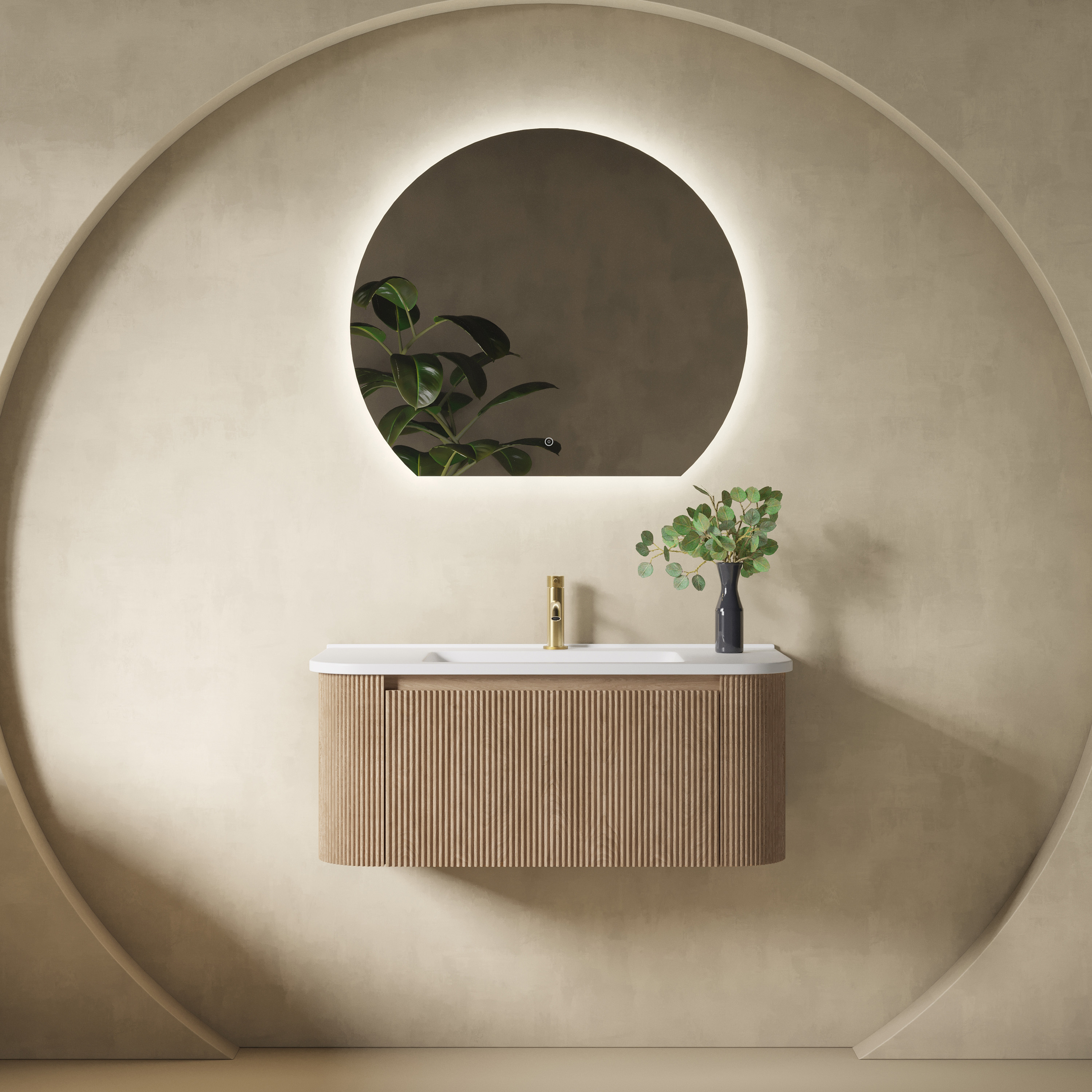 Drench Groove 870mm Fluted Wall Hung Curved Vanity Unit & Matt Stone Basin