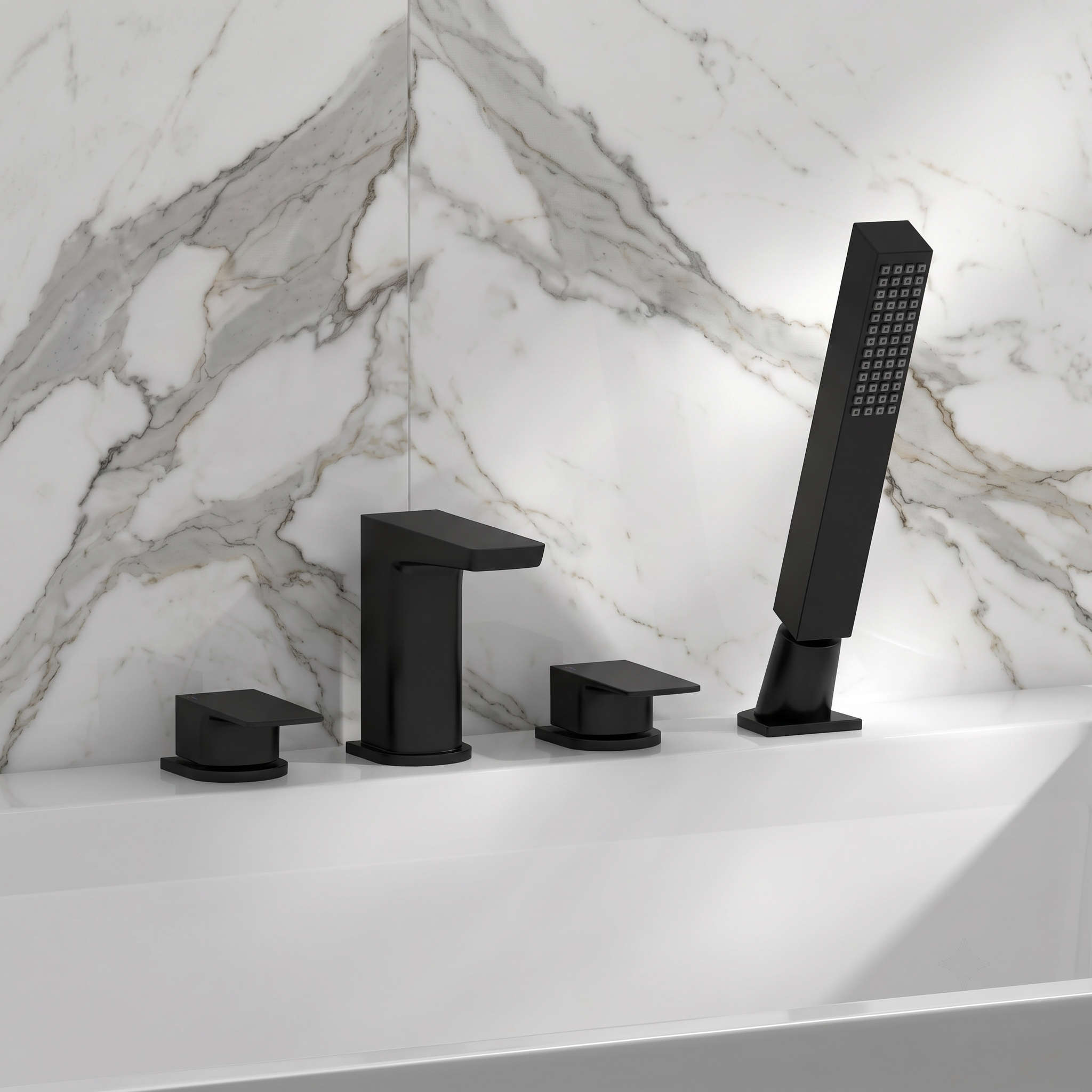 Harbour Status Matt Black 4 Hole Bath Mixer with Pull Out Handset