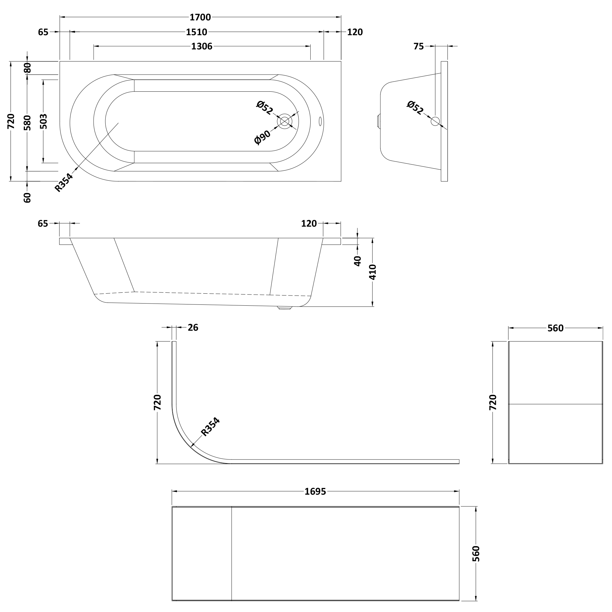 Harbour Acclaim 1700mm J Shaped Shower Bath Suite with Rimless Toilet