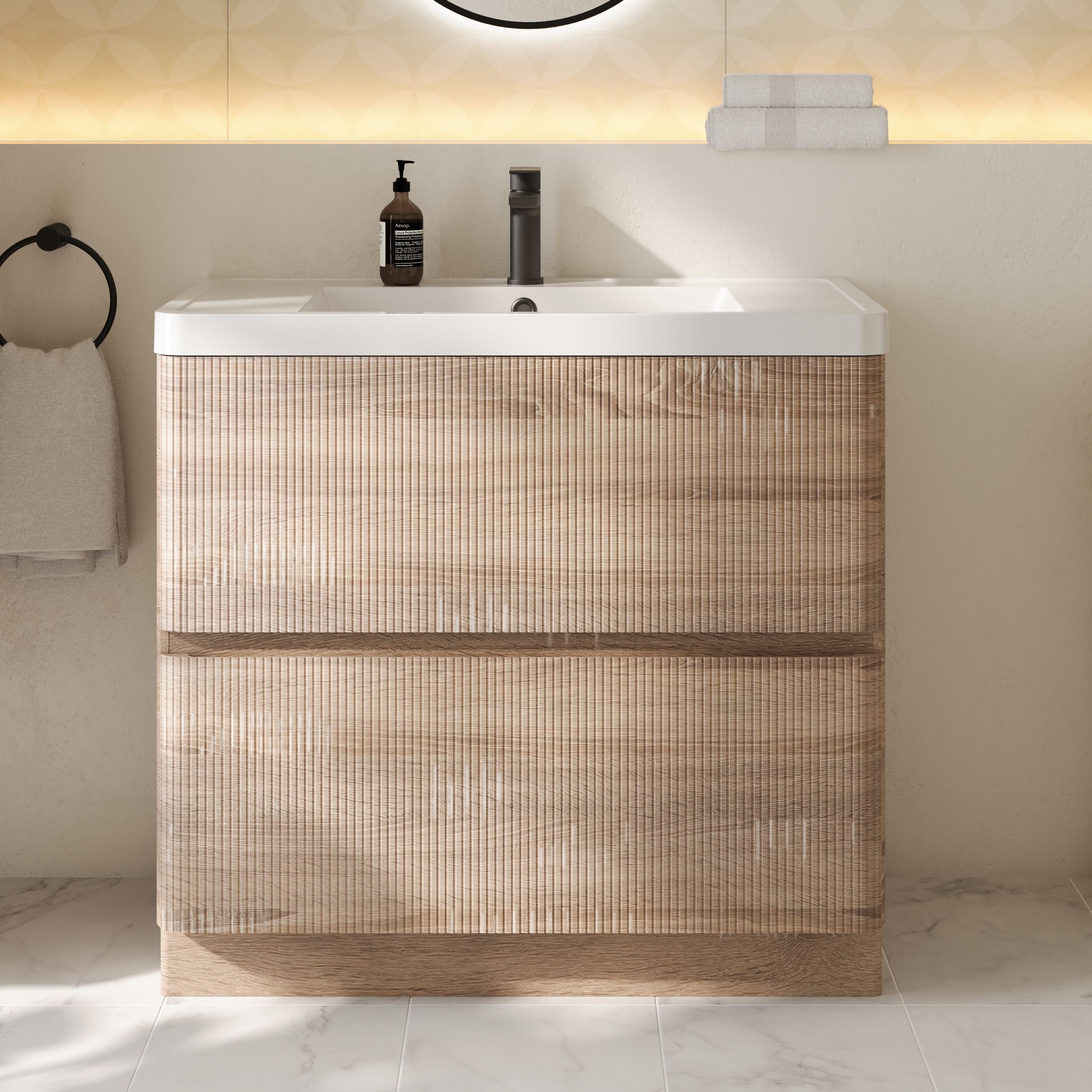 Drench Origin 900mm Light Oak Fluted Floorstanding Vanity Unit & Basin