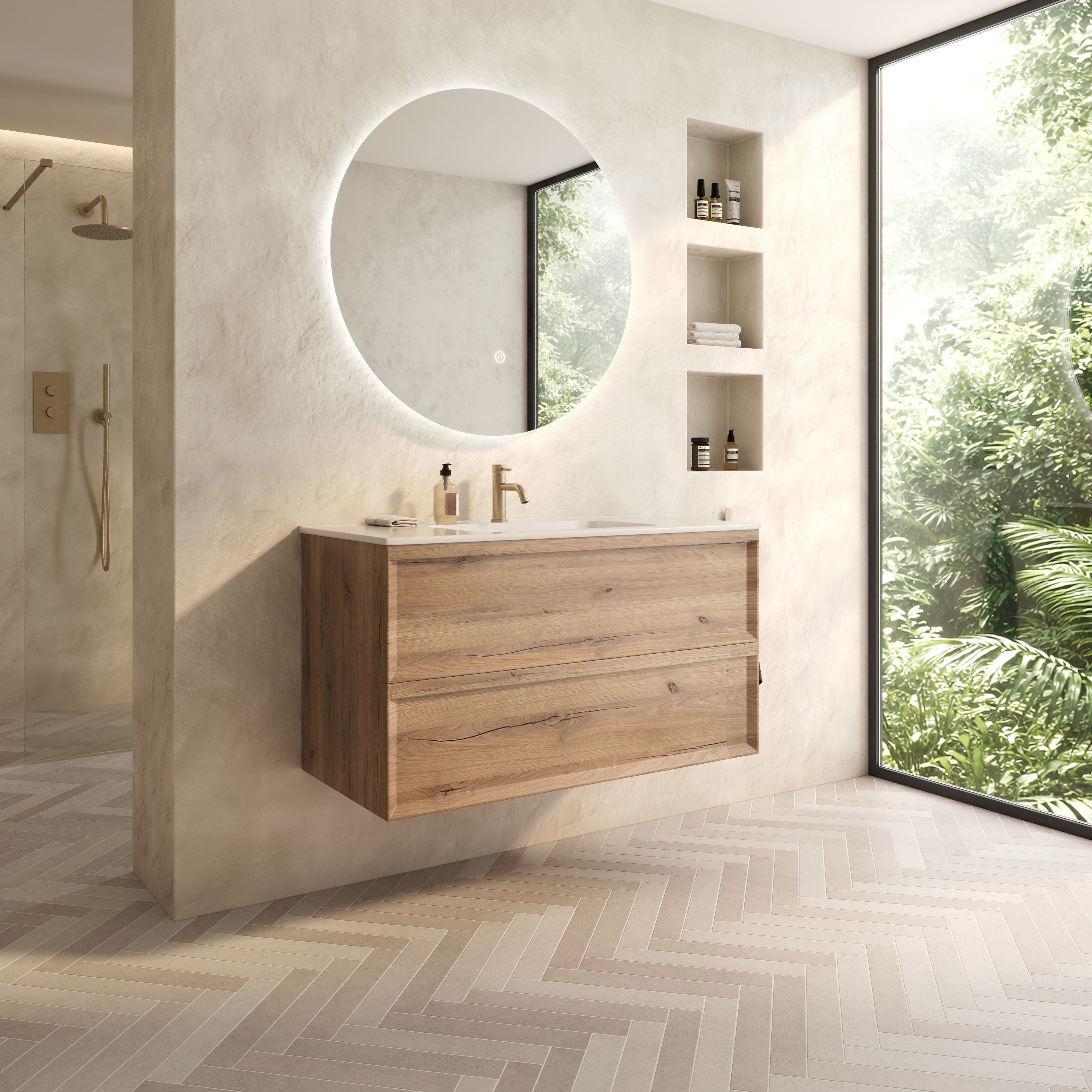 Aura 1000mm Wall Mounted Natural Oak Vanity Unit & Matt White Basin