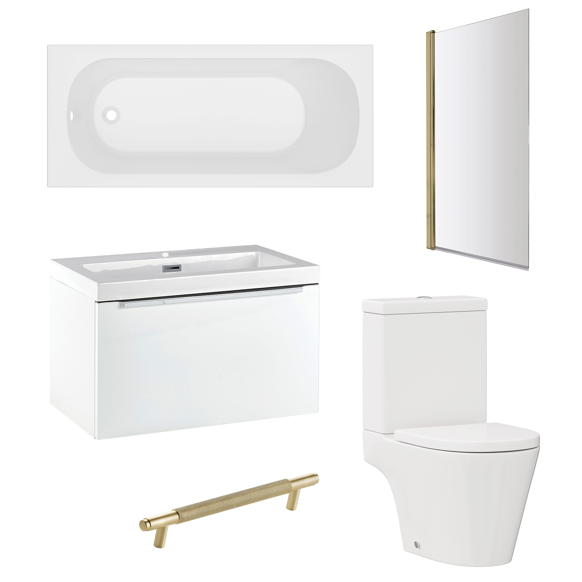 Freddie Brushed Brass Reinforced Shower Bath Suite with Rimless Toilet