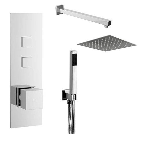 Bertie Concealed Thermostatic Push Button Shower Valve, Fixed Head & Shower Handset Kit