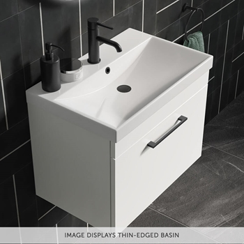 Emily Gloss White Wall Mounted 1 Drawer Vanity Unit, Thin-Edged Basin, Brushed Brass Handle & Overflow