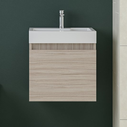 Drench Minnie 500mm Wall Mounted 1 Door Vanity Unit & Polymarble Basin - Driftwood