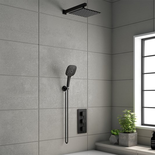 Noir Matt Black Square Concealed Shower System with Fixed Head & Wall Mounted Shower Handset