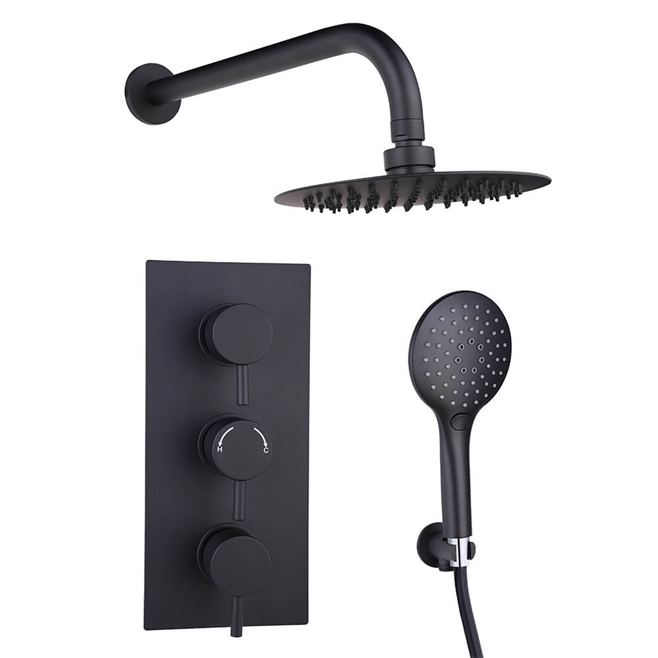 Noir Matt Black Round Concealed Shower System with Fixed Head & Wall Mounted Shower Handset