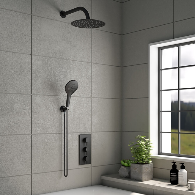 Noir Matt Black Round Concealed Shower System with Fixed Head & Wall Mounted Shower Handset