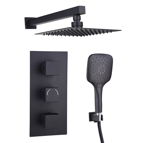 Noir Matt Black Square Concealed Shower System with Fixed Head & Wall Mounted Shower Handset