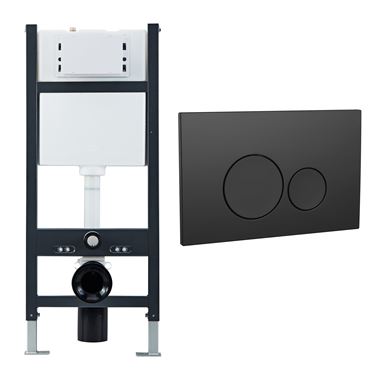 Wall Hung Toilet Frame, Pneumatic Concealed Cistern & Dual Flush Plate with Round Buttons - Matt Black