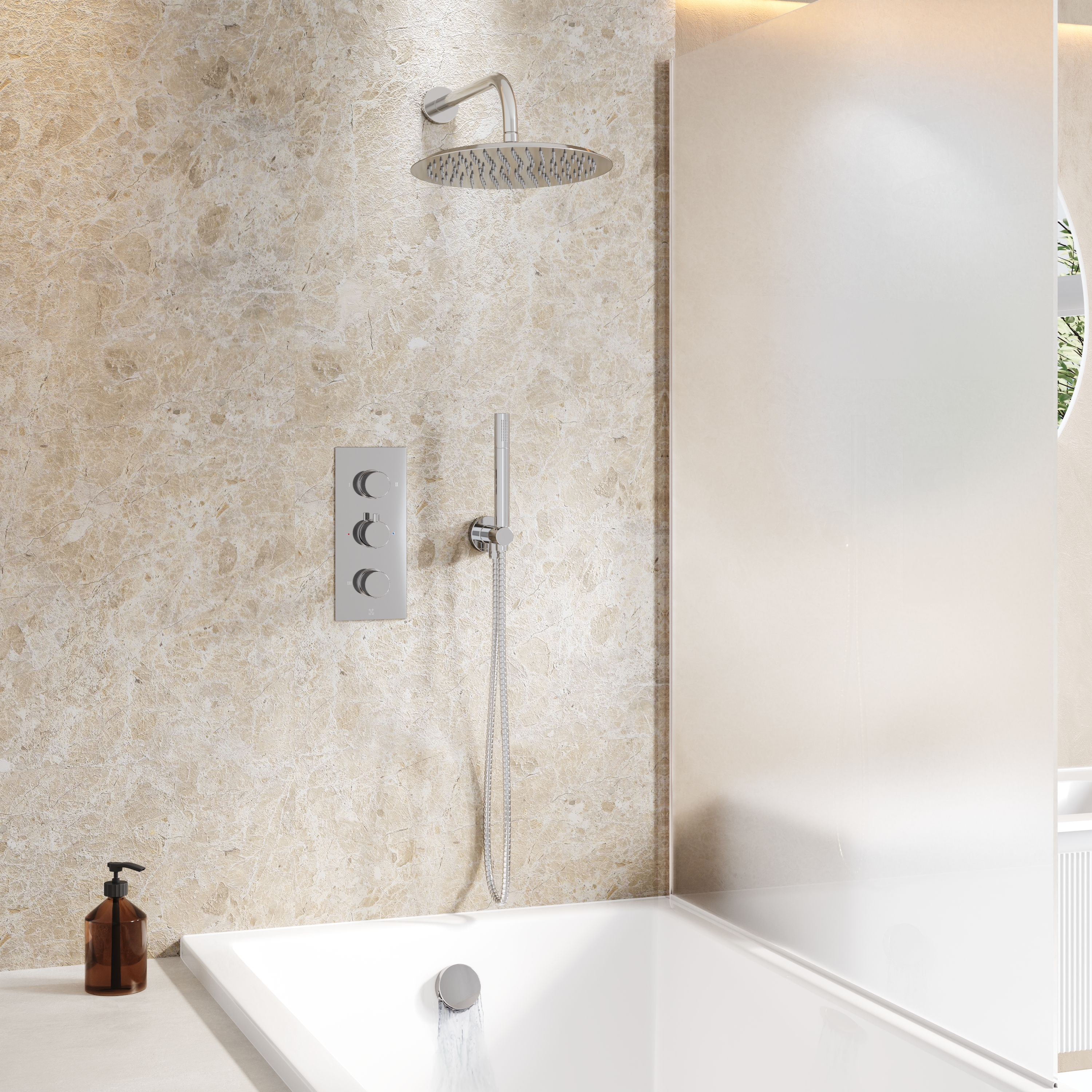 Core Shower Package with 3 Outlet Portrait Valve, Fixed Shower Head, Kit & Overflow Bath Filler