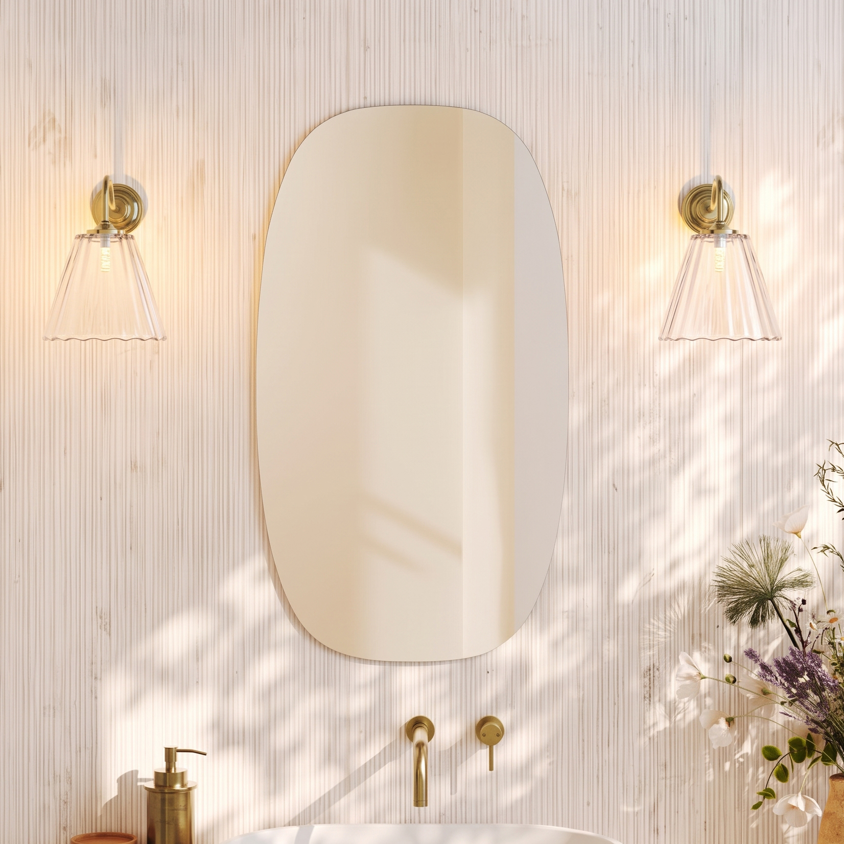 Arc Barrel Mirror with Set Of 2 Fluted Glass Wall Shade Lights