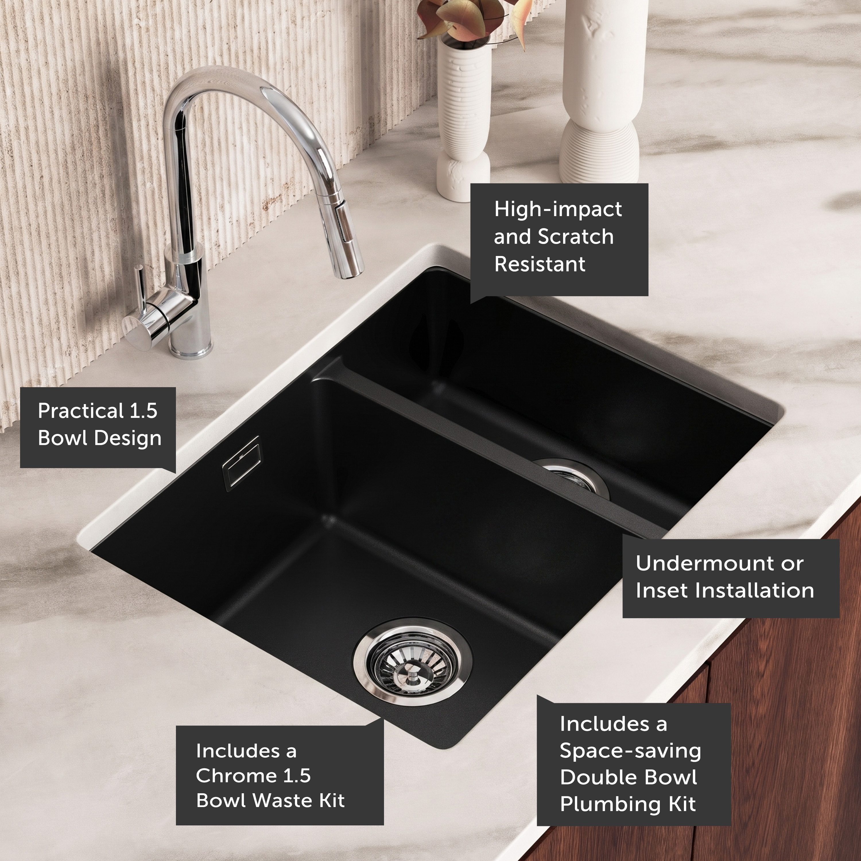 Vellamo Terra 1.5 Bowl Granite Composite Inset/Undermount Kitchen Sink & Waste Kit - 555 x 460mm