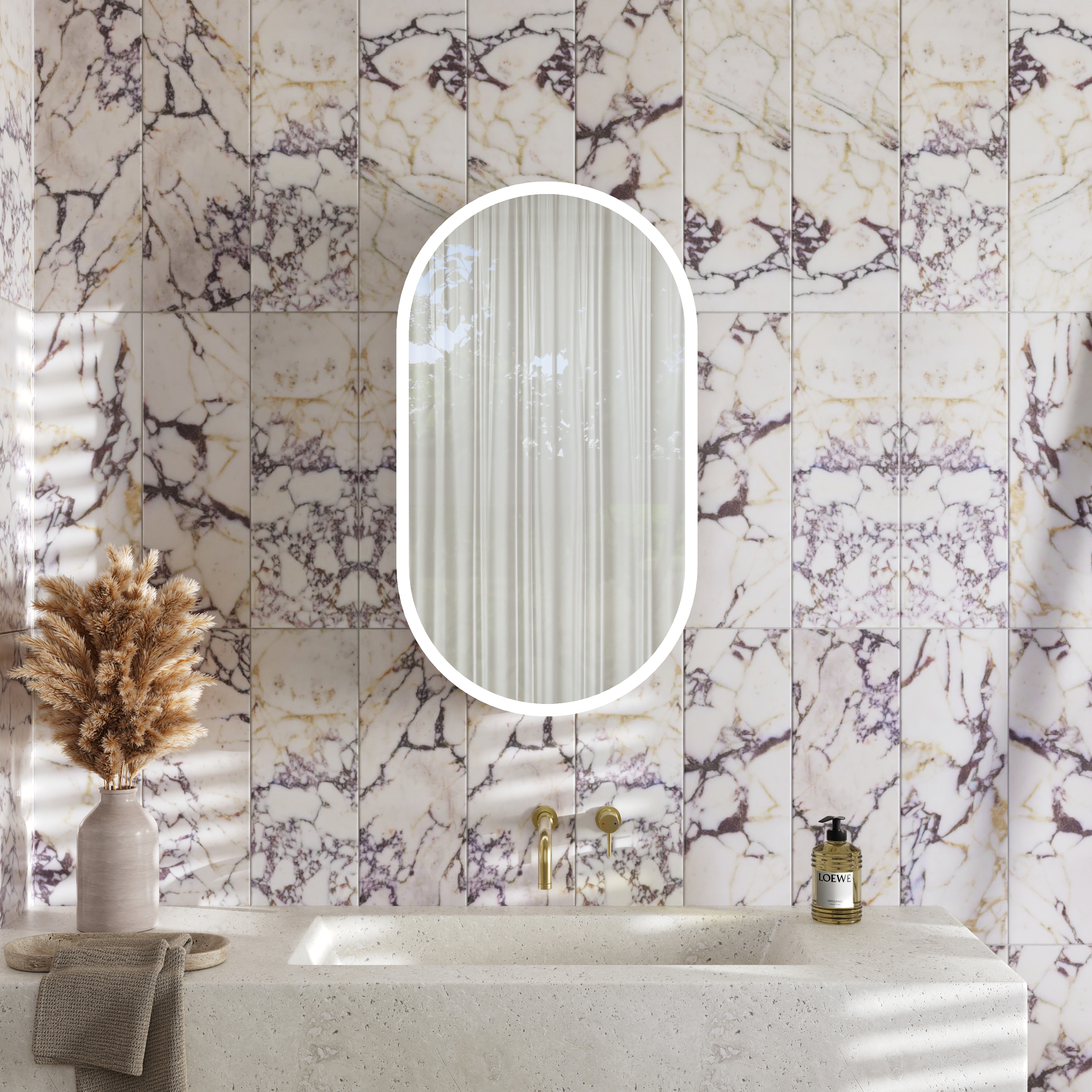 Billy LED Oval Mirrored Cabinet with Demister Pad, Shaver Socket & Colour Change Lights - 450 x 800mm