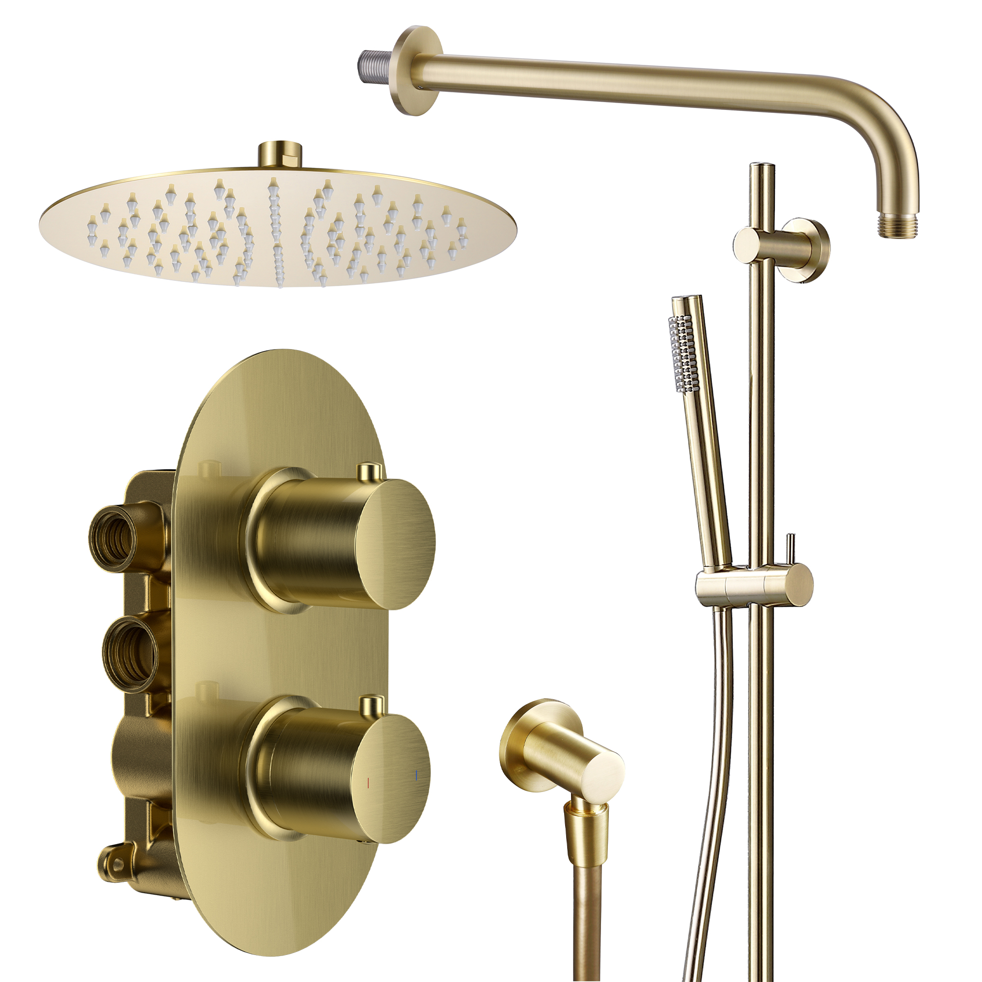 Harbour Clarity Brushed Brass Shower Package with 2 Outlet Valve, Fixed Head & Arm and Slide Rail Shower Kit