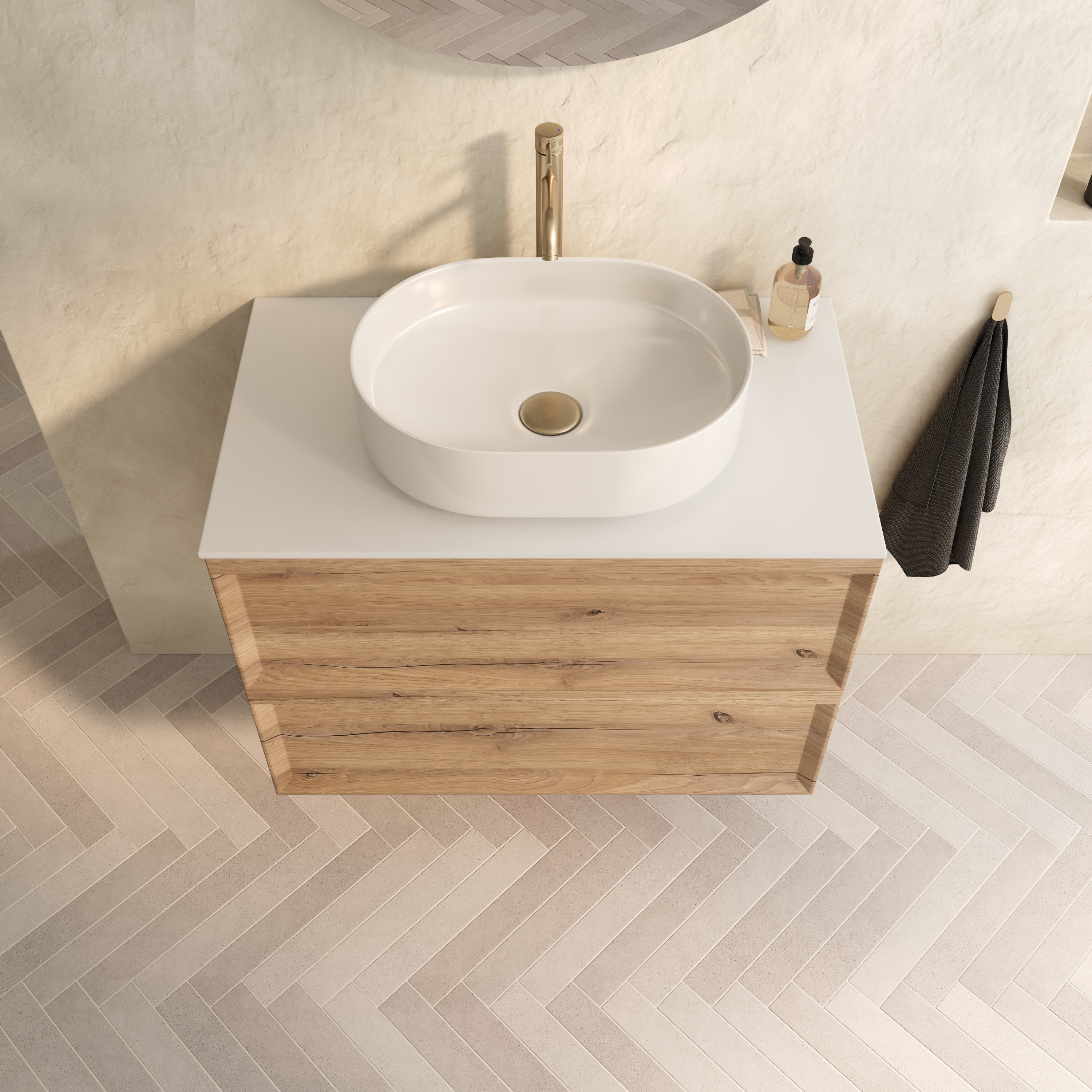 Aura 800mm Wall Mounted Natural Oak Vanity Unit & Sintered Stone Countertop