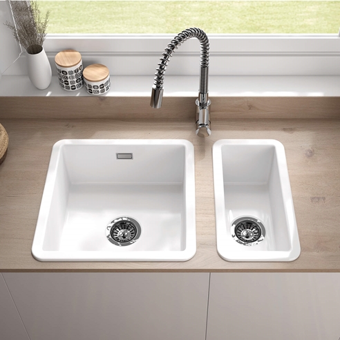 Thomas Denby Metro 1 Bowl and Half Bowl Inset or Undermount Gloss White Ceramic Kitchen Sink