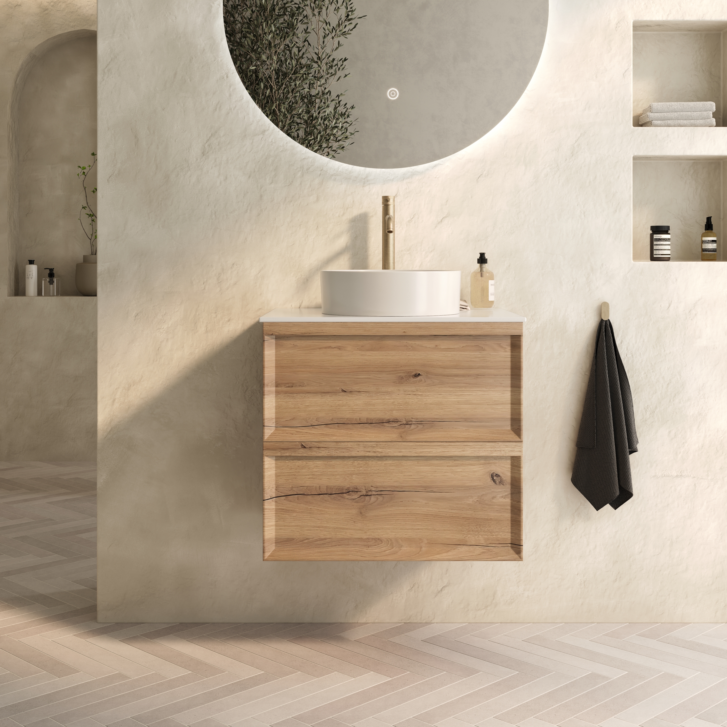 Aura 600mm Wall Mounted Natural Oak Vanity Unit & Sintered Stone Countertop