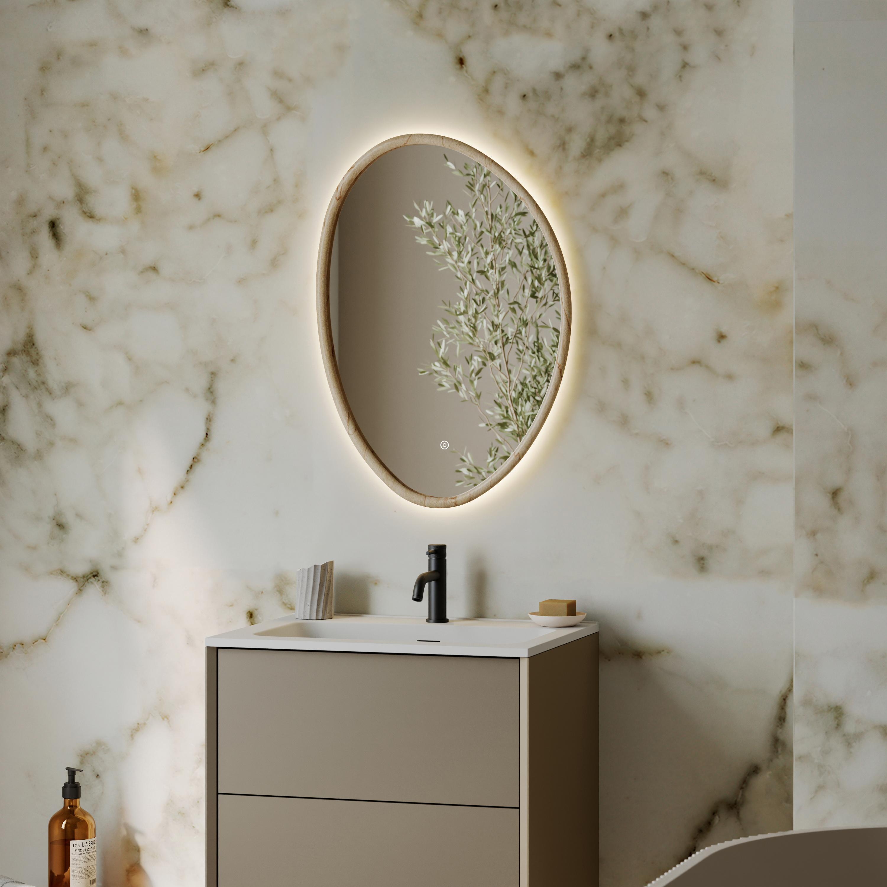 Siena LED Illuminated Stone Effect Framed Mirror with Demister Pad & Colour Change Lights - 500 x 700mm
