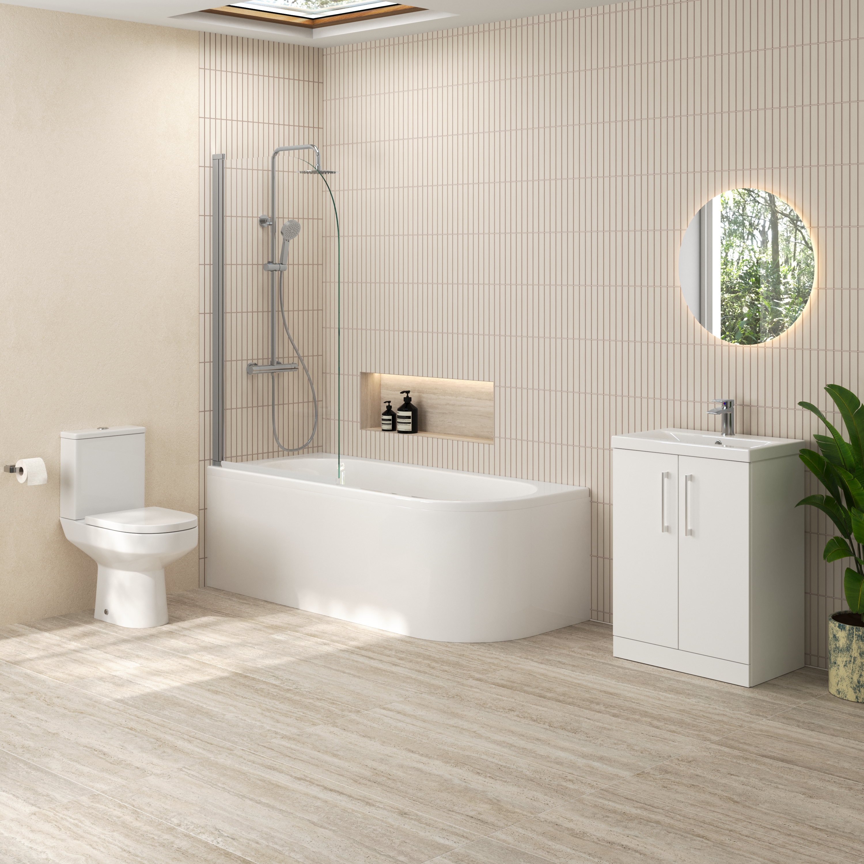 Erin Modern Shower Bath Suite with 1700mm J Shaped Bath & Rimless Toilet