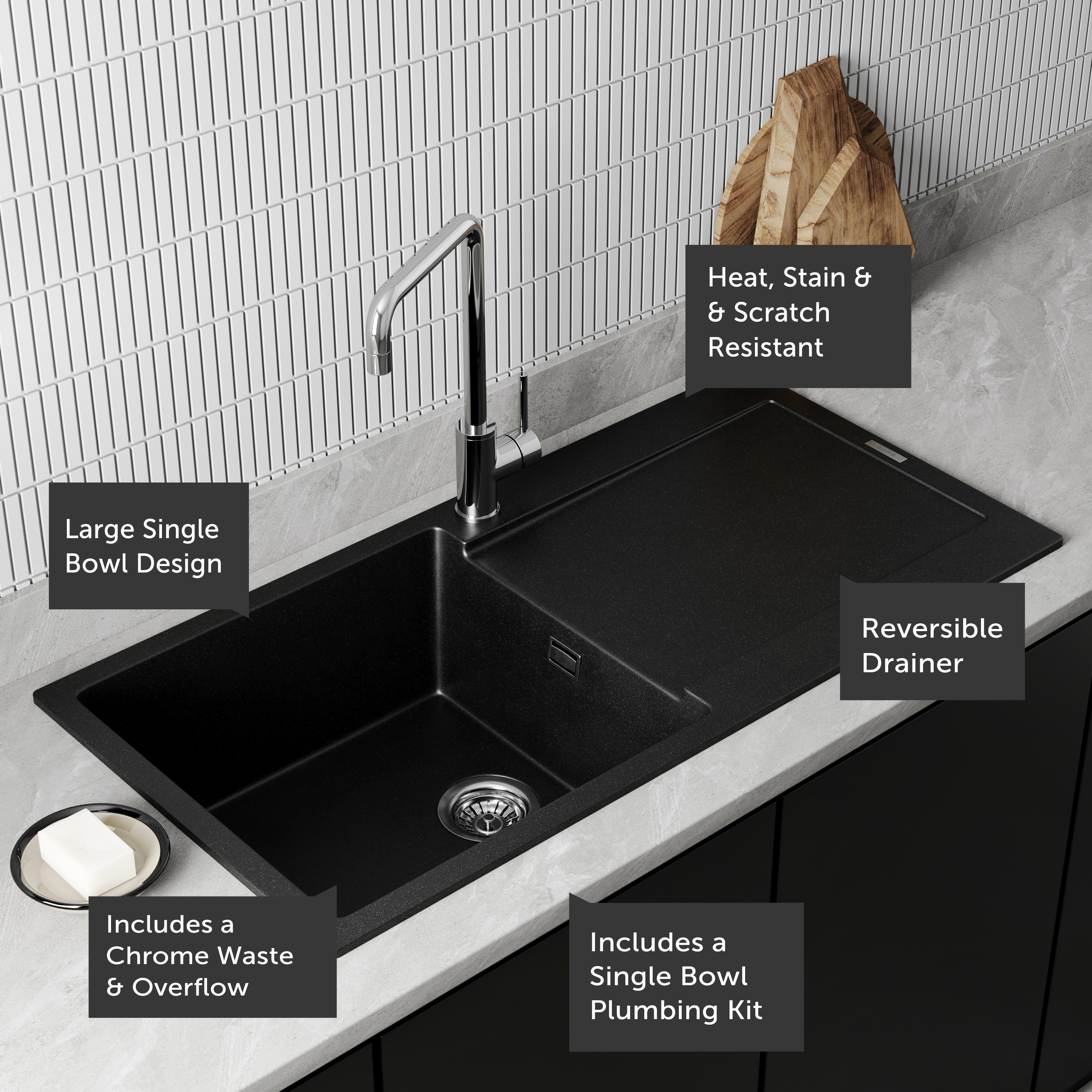 Vellamo Rocca Large 1 Bowl Granite Composite Inset Kitchen Sink & Waste - 1000 x 500mm