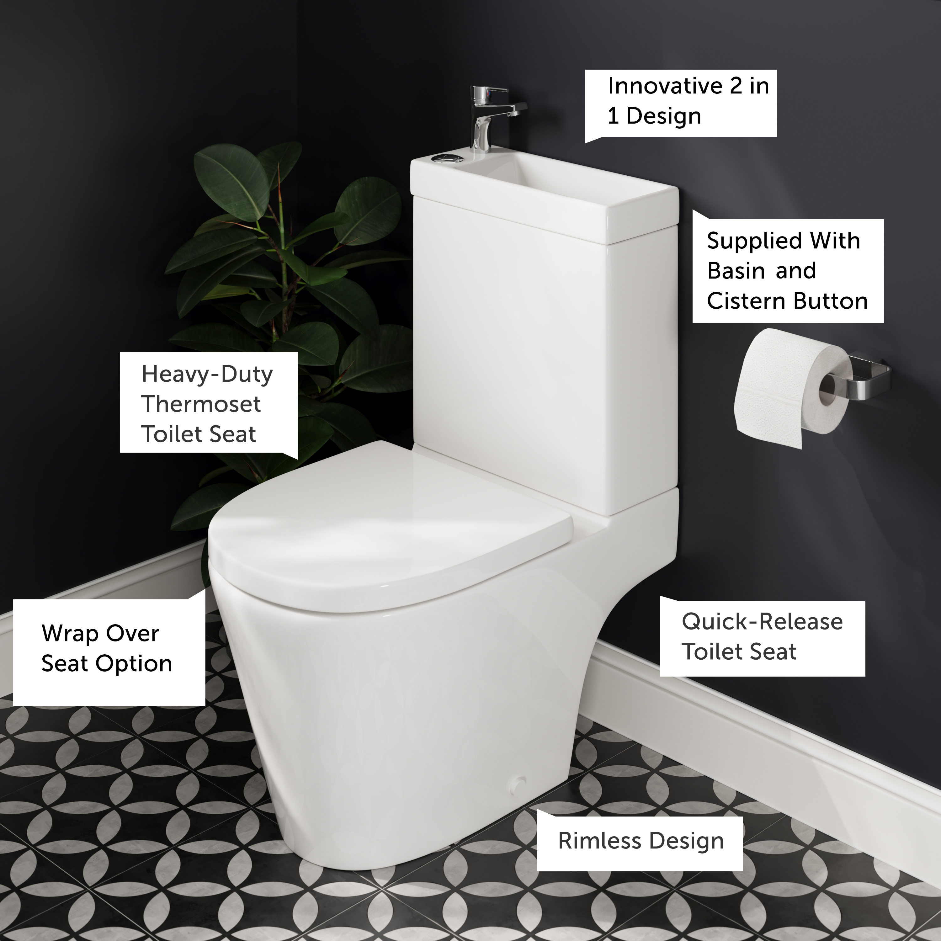 Harbour Clarity 2 in 1 Wash Basin & Close Coupled Open Back Toilet with Soft Close Seat