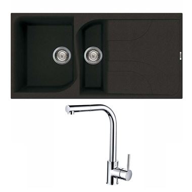 Reginox Ego 475 1.5 Bowl Black Granite Sink & Waste Kit and Vellamo Savu Mono Pull Out Kitchen Mixer