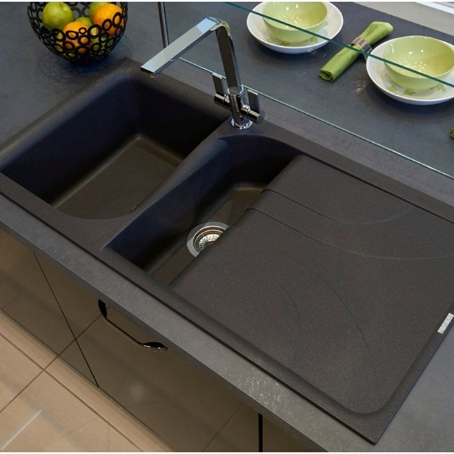 Reginox Ego Ghisa Black Granite 1.5 Bowl Kitchen Sink & Vellamo Caspian Dual Lever Mono Kitchen Mixer