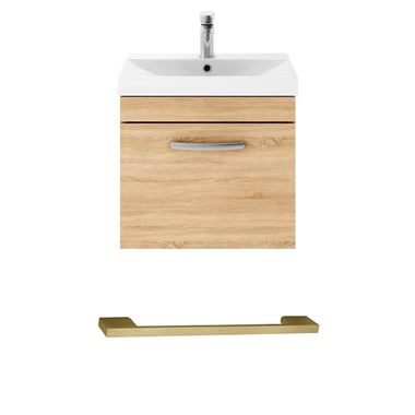 Drench Emily 500mm Natural Oak Wall Mounted 1 Drawer Vanity Unit, Thin-Edged Basin, Brushed Brass Handle & Overflow