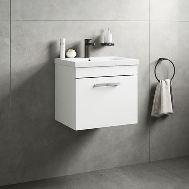 Drench Emily 500mm Wall Mounted 1 Drawer Vanity Unit & Mid-Edged Basin - Gloss White