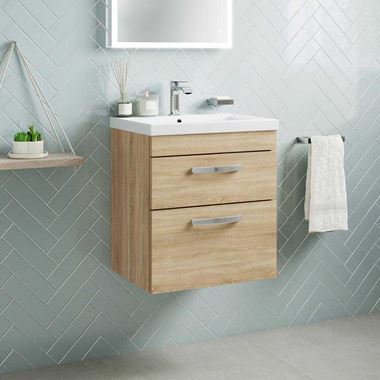 Drench Emily 500mm Wall Mounted 2 Drawer Vanity Unit & Mid-Edged Basin - Natural Oak