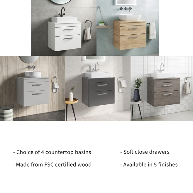 Emily 600mm Wall Mounted 2 Drawer Vanity Unit and Countertop