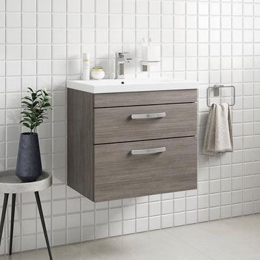 Drench Emily 600mm Wall Mounted 2 Drawer Vanity Unit & Mid-Edged Basin - Brown Grey Avola