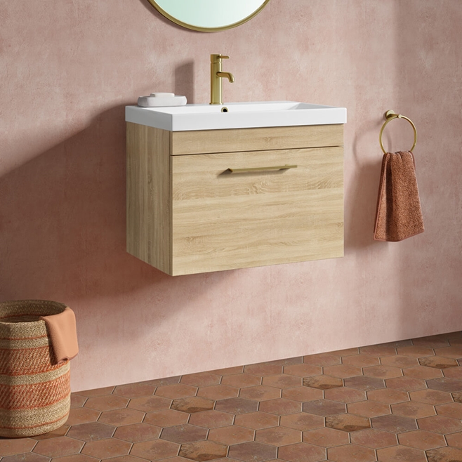 Emily Natural Oak Wall Mounted 1 Drawer Vanity Unit, Thin-Edged Basin, Brushed Brass Handle & Overflow