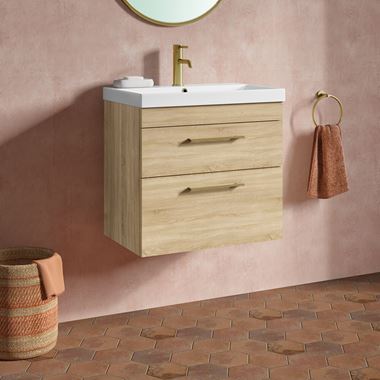 Drench Emily Natural Oak Wall Mounted 2 Drawer Vanity Unit, Thin-Edged Basin, Brushed Brass Handles & Overflow