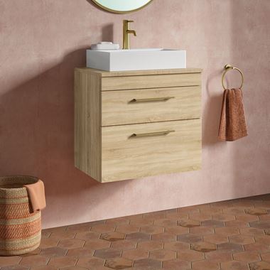 Drench Emily Natural Oak Wall Mounted 2 Drawer Vanity Unit and Countertop with Brushed Brass Handles
