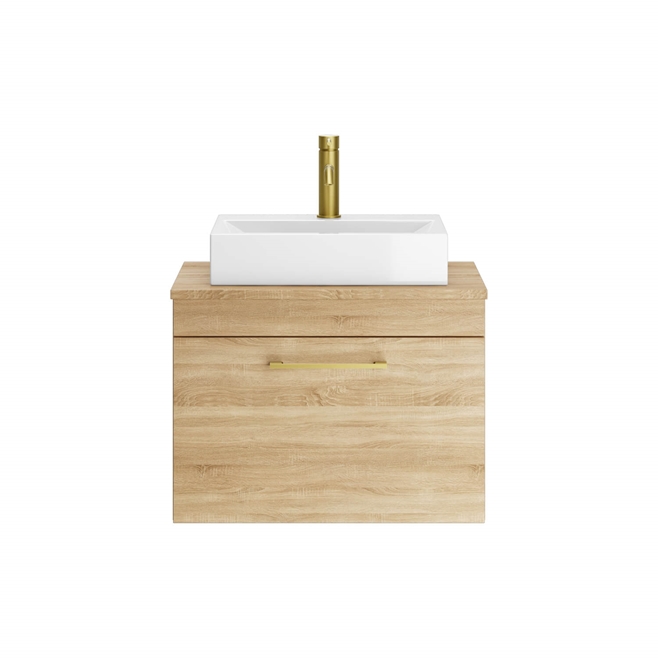 Emily Natural Oak Wall Mounted 1 Drawer Vanity Unit and Countertop with Brushed Brass Handle