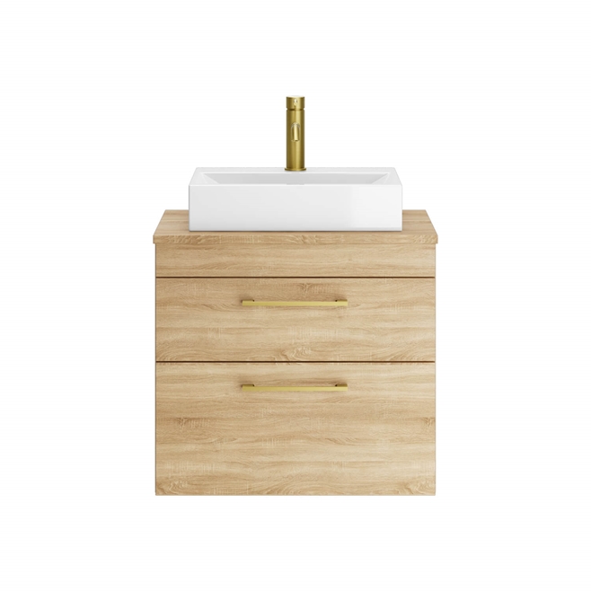 Emily Natural Oak Wall Mounted 2 Drawer Vanity Unit and Countertop with Brushed Brass Handles