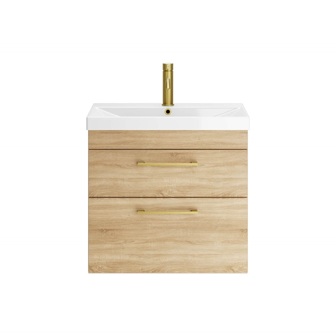 Emily Natural Oak Wall Mounted 2 Drawer Vanity Unit, Thin-Edged Basin, Brushed Brass Handles & Overflow
